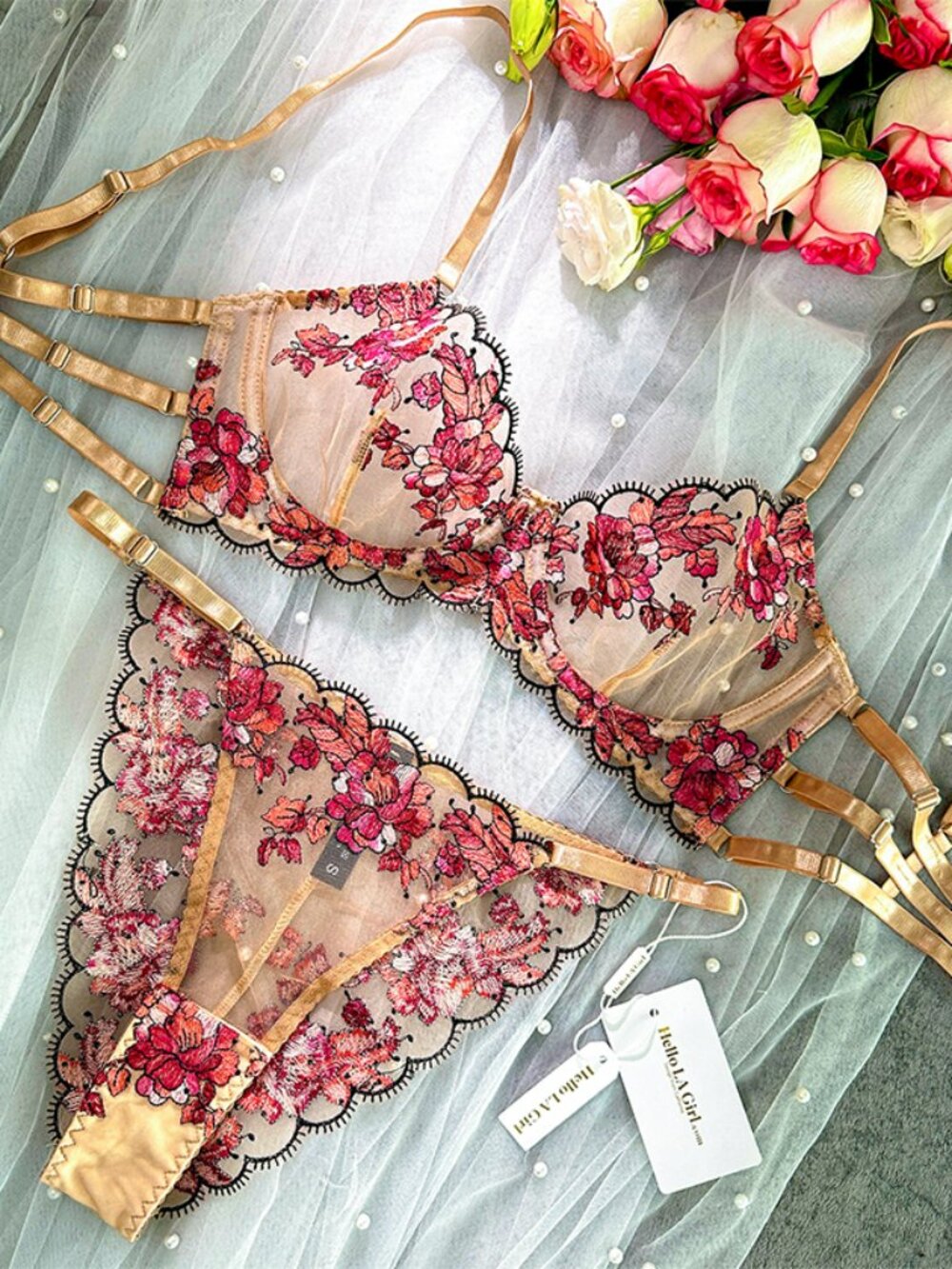 Sheer Floral Embroidered Underwire Bra & Thong Set - Pink with Gold Accents